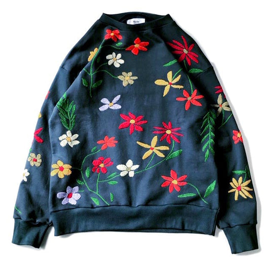 Flower Embroidery Crew Neck Sweat - All Over