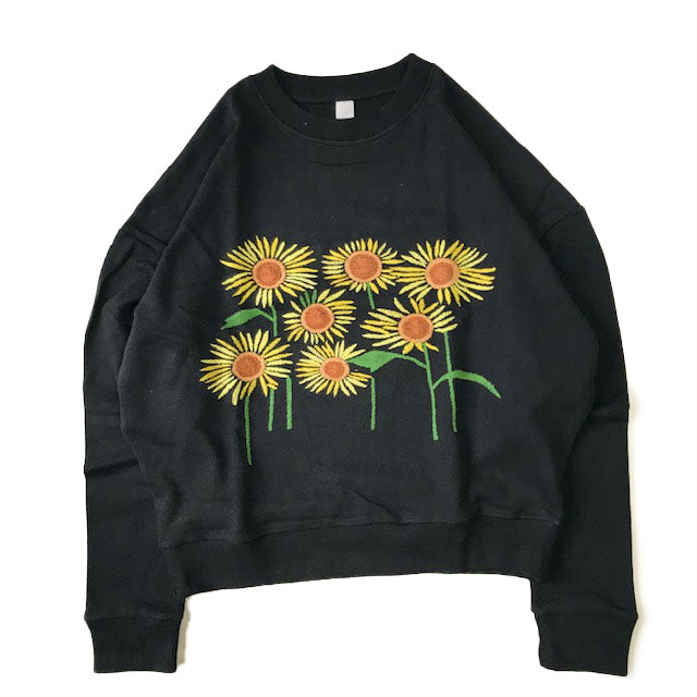 Flower Embroidery Crew Neck Sweat - Sun Flower