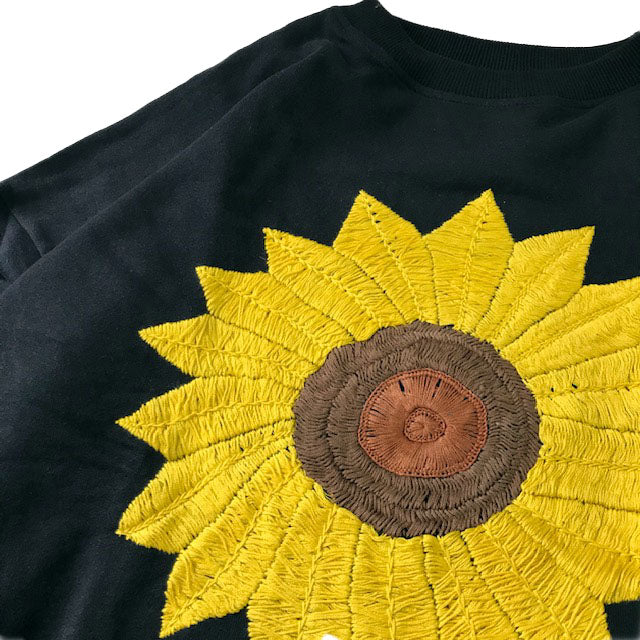 Flower Embroidery Crew Neck Sweat - Big Sun Flower