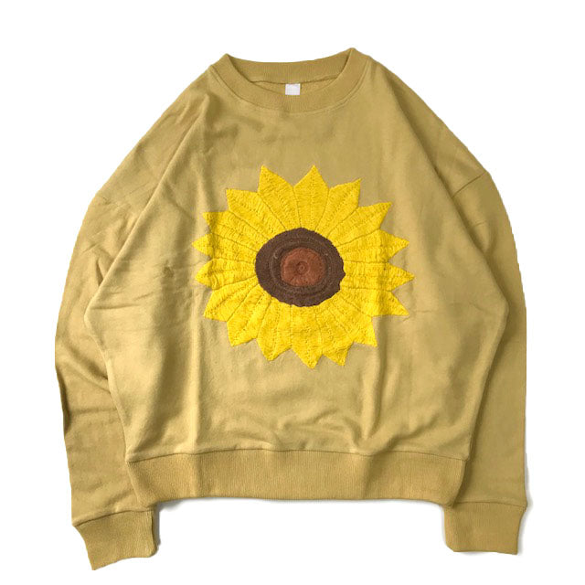 Flower Embroidery Crew Neck Sweat - Big Sun Flower