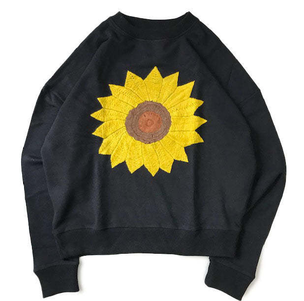 Flower Embroidery Crew Neck Sweat - Big Sun Flower
